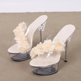 Liyke New Fashion Pink Flowers PVC Transparent Shoes For Super High Heels Platform Slipper Peep Toe Clear Sandal