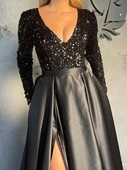 Lush Black Sequin Patchwork Maxi Prom Dress