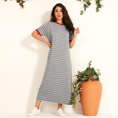 Grey Casual College Style Horizontal-Striped O-Neck Short Sleeve Loose Dresses