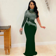 Mesh Rhinestone Elegant And Pretty Single Sleeve Maxi Party Gown Bodycon Womens Gown Dress