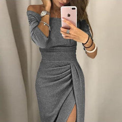 Sexy Slit One Word Collar Shiny Dress