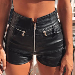 Motorcycle Coated Womens Casual Faux Leather High Waist Stretch Slim Hips pants slim fit trousers Short