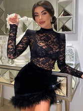 Lace Print See Through Half High Collar Mini Dress Lace Dress