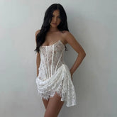 Lace Strapless Ruched Off-shoulder Mini Dress Lace Dress
