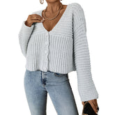 Suede Wool Long Sleeves V Neck Buttons Up Sea Blue Short Knit Open Cardigan