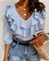 New Blue Striped Ruffles Collar Blouse for Lady Half Sleeve V-Neck Shirts