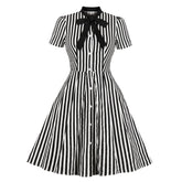 New Bowknot Skater Embroidery Stitching Retro Autumn Short Sleeve Casual Dress