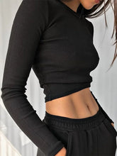 O Neck Long Sleeve Ribbed Cropped Spring Casual Basic Crop Tops