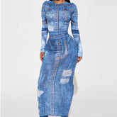 Autumn New Two-Piece Denim Print Round Neck Long Sleeve Top Slim Fit Bodycon Long Skirt Suit