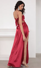 Solid Color Halter-Back Slit Long Dress