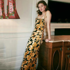 V-Neck Velvet Pleated Beaded Tassel Printed Dress