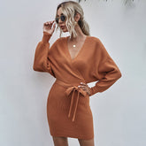 Surplice Wrap Batwing Sleeve Ribbed Dress