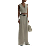 Spring Summer Women���s Striped Sleeveless Vest V-Neck Single-Breasted + Straight Leg Suit Pants Set Suit