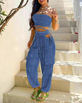 WomenWrap Top Tie Workwear Long Pants Pocket Denim Blue Crop Waist Set Suit