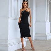 Black One Shoulder Split Bodycon Midi Dress
