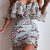 Short Sleeve Slash Neck Flower Print Summer Dress