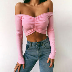Off Shoulder Long Sleeve Knit T Shirt