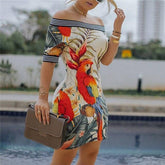 Off the shoulder bodycon dress Floral printed short sleeve sheath dresses Elegant summer flower party dress vestidos mujer