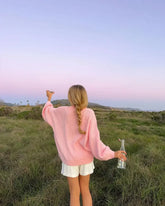 Pink O Neck Ribbed Knitted Sweater For Fashion Lantern Long Sleeve Sweater