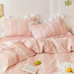 Pink Gingham Ruffle Duvet Cover Set