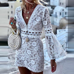 Plunge V-neck Bell Sleeve Lace Bodycon Dress