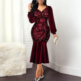 Plus Size Wine Red Velvet Sequin Dress