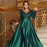 V-neck Long Sleeves Floor Length Satin Sequin Prom Dresses
