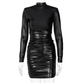 Pu Leather Ruched Turtleneck Long Sleeve Bodycon Streetwear Party Elegant Autumn Winter Mini Dress