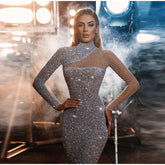 Sequins Glitter Solid Slim Half High Collar Long Sleeve Dress