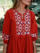 Cotton Linen Embroidery A Neck Ruffle Sleeve Boho Dress