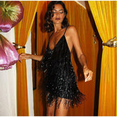 V-neck Sequined Tassel Backless Slim Nightclub Skirt