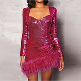Sexy Sequined Feather Square Collar Bodycon Dress