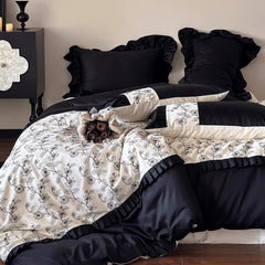 Vintage Floral Embroidery Black White Cotton Duvet Cover