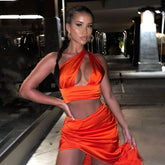 Satin Backless Crop Top Slit High Waist Skirt 2 Pieces Skirt Set