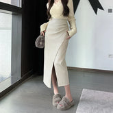 Autumn Front Split Long New High Waist Classic Office Pleated A-Line Skirt