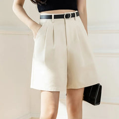 Summer Pockets Solid High Waist Wide Leg Straight Workwear Suit Shorts