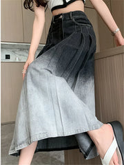 Waist Gradient Pleated WomenDenim Long For Spring Summer Casual Blue Jeans Pockets New Skirt