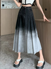 Waist Gradient Pleated WomenDenim Long For Spring Summer Casual Blue Jeans Pockets New Skirt