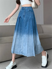 Waist Gradient Pleated WomenDenim Long For Spring Summer Casual Blue Jeans Pockets New Skirt
