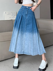 Waist Gradient Pleated WomenDenim Long For Spring Summer Casual Blue Jeans Pockets New Skirt