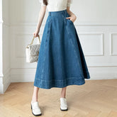 Waist WomenDenim Long A-Line Spring Summer Vintage Cowboy Jeans Umbrella Pockets New Skirt