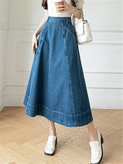 Waist WomenDenim Long A-Line Spring Summer Vintage Cowboy Jeans Umbrella Pockets New Skirt