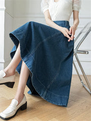Waist WomenDenim Long A-Line Spring Summer Vintage Cowboy Jeans Umbrella Pockets New Skirt