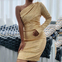 Shiny Short Long Sleeve Loose Club Party Elegant One Shoulder Wrap Chest Evening For Dress