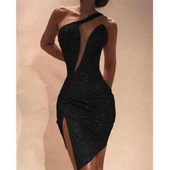 One Shoulder Cut Out Slit Bodycon Sequin Dress