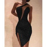 One Shoulder Cut Out Slit Bodycon Sequin Dress