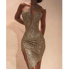 One Shoulder Cut Out Slit Bodycon Sequin Dress