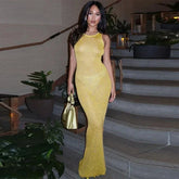 See Through Solid Sequin U-neck Sleeveless Maxi Dresses Spring Summer Ladies Slim Maxi Dress