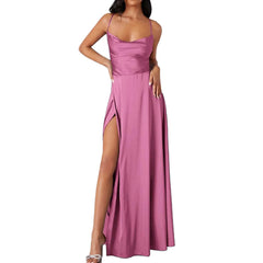 Spaghetti Straps Satin Maxi High Side Slit Backless Prom Dress