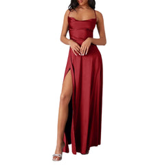 Spaghetti Straps Satin Maxi High Side Slit Backless Prom Dress